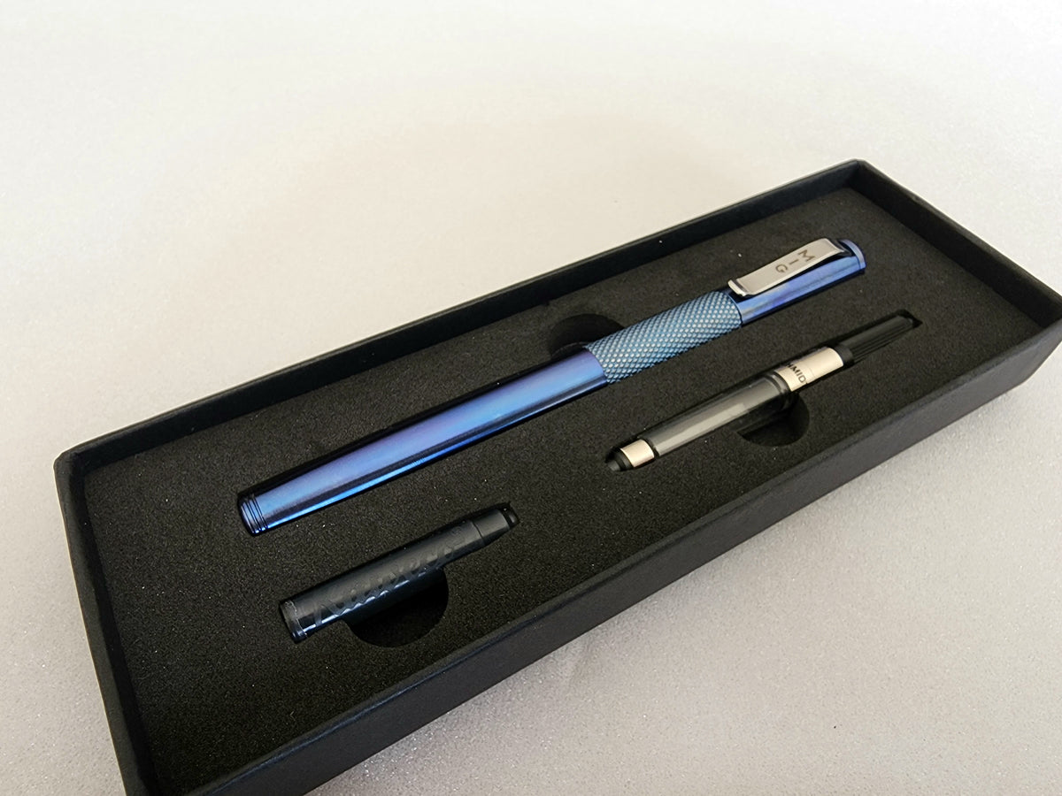 MIG Fountain Pen (Titanium) - Blue, knurled and machined back